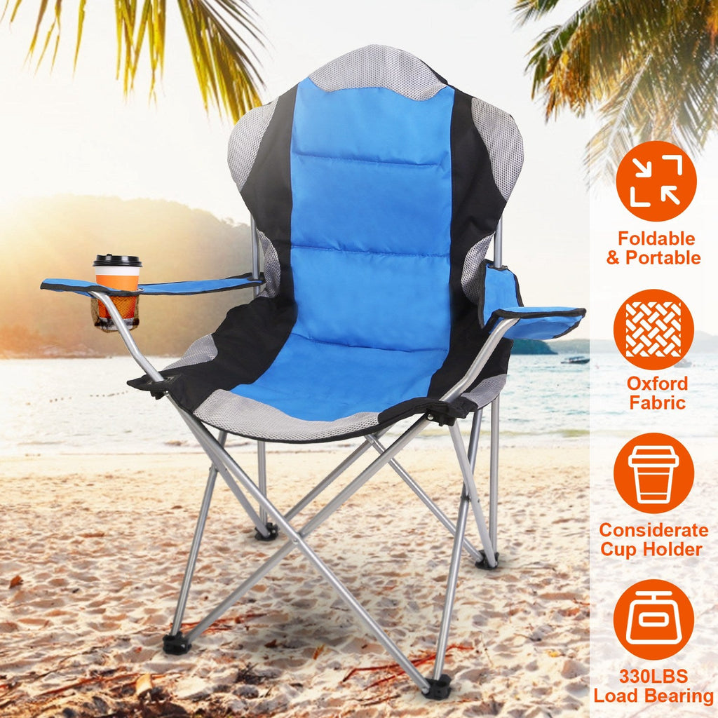 Foldable Camping Chair Heavy Duty Steel Lawn Chair Padded Seat Arm Back Beach Chair 330LBS Max Load with Cup Holder Carry Bag