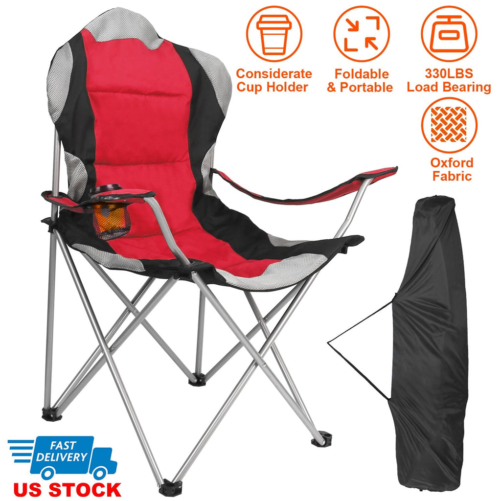 Foldable Camping Chair Heavy Duty Steel Lawn Chair Padded Seat Arm Back Beach Chair 330LBS Max Load with Cup Holder Carry Bag