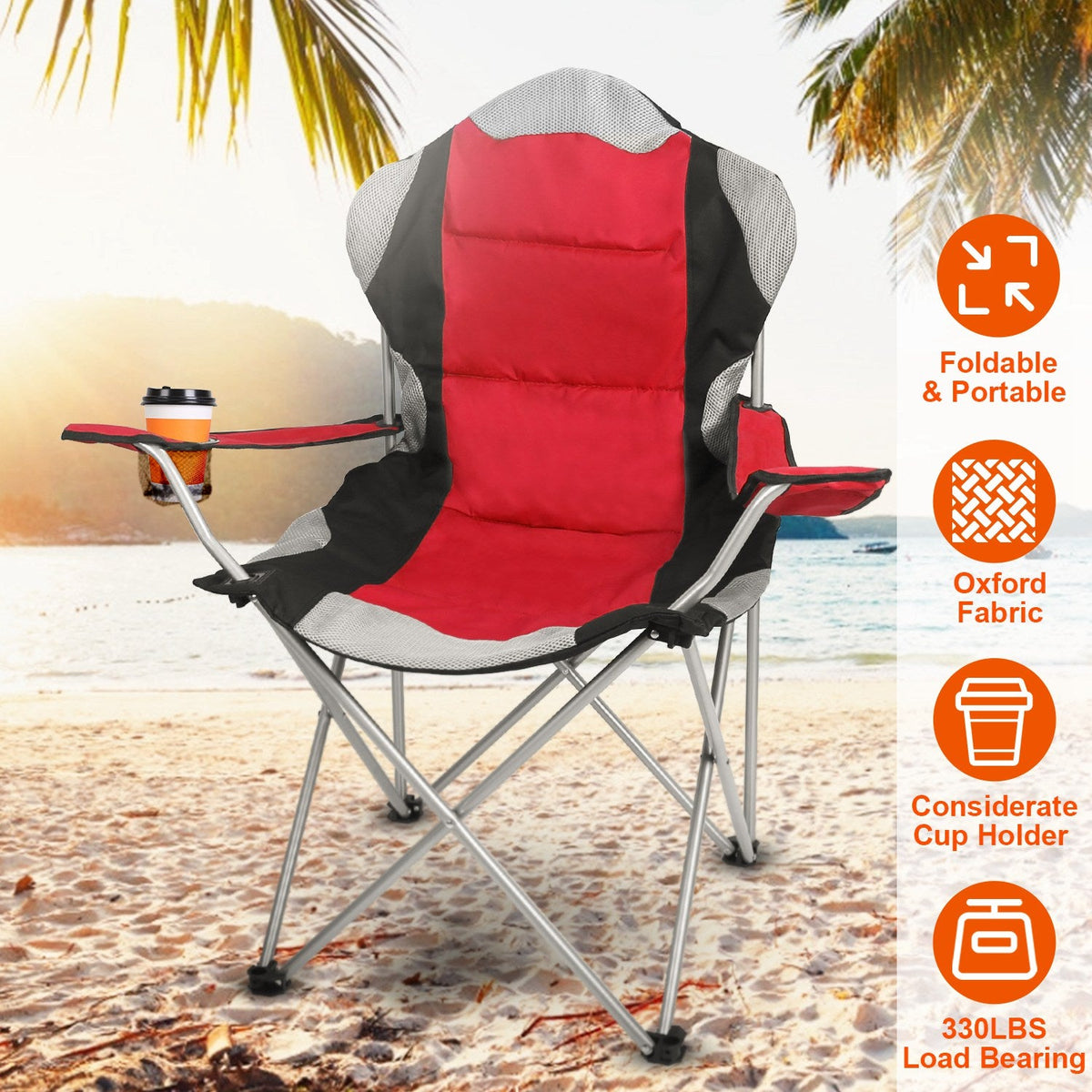 Foldable Camping Chair Heavy Duty Steel Lawn Chair Padded Seat Arm Back Beach Chair 330LBS Max Load with Cup Holder Carry Bag