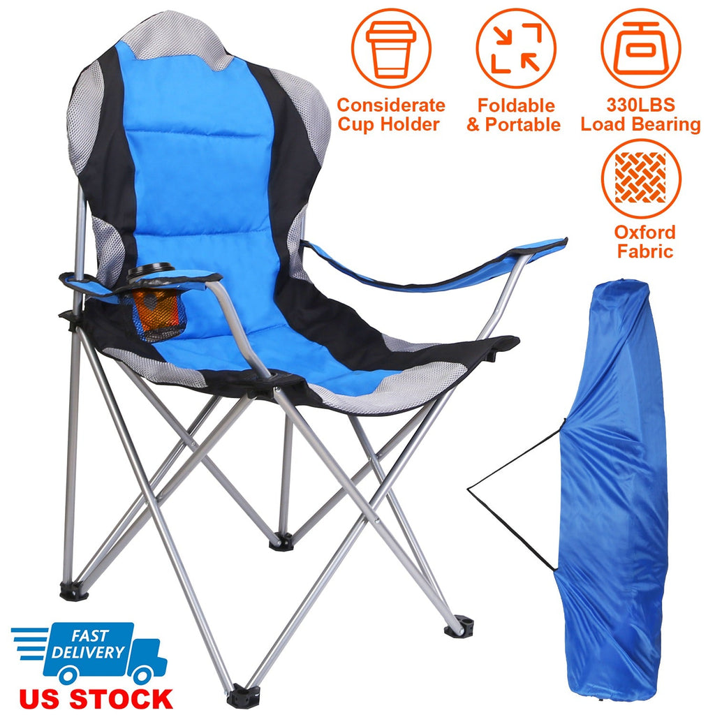 Foldable Camping Chair Heavy Duty Steel Lawn Chair Padded Seat Arm Back Beach Chair 330LBS Max Load with Cup Holder Carry Bag