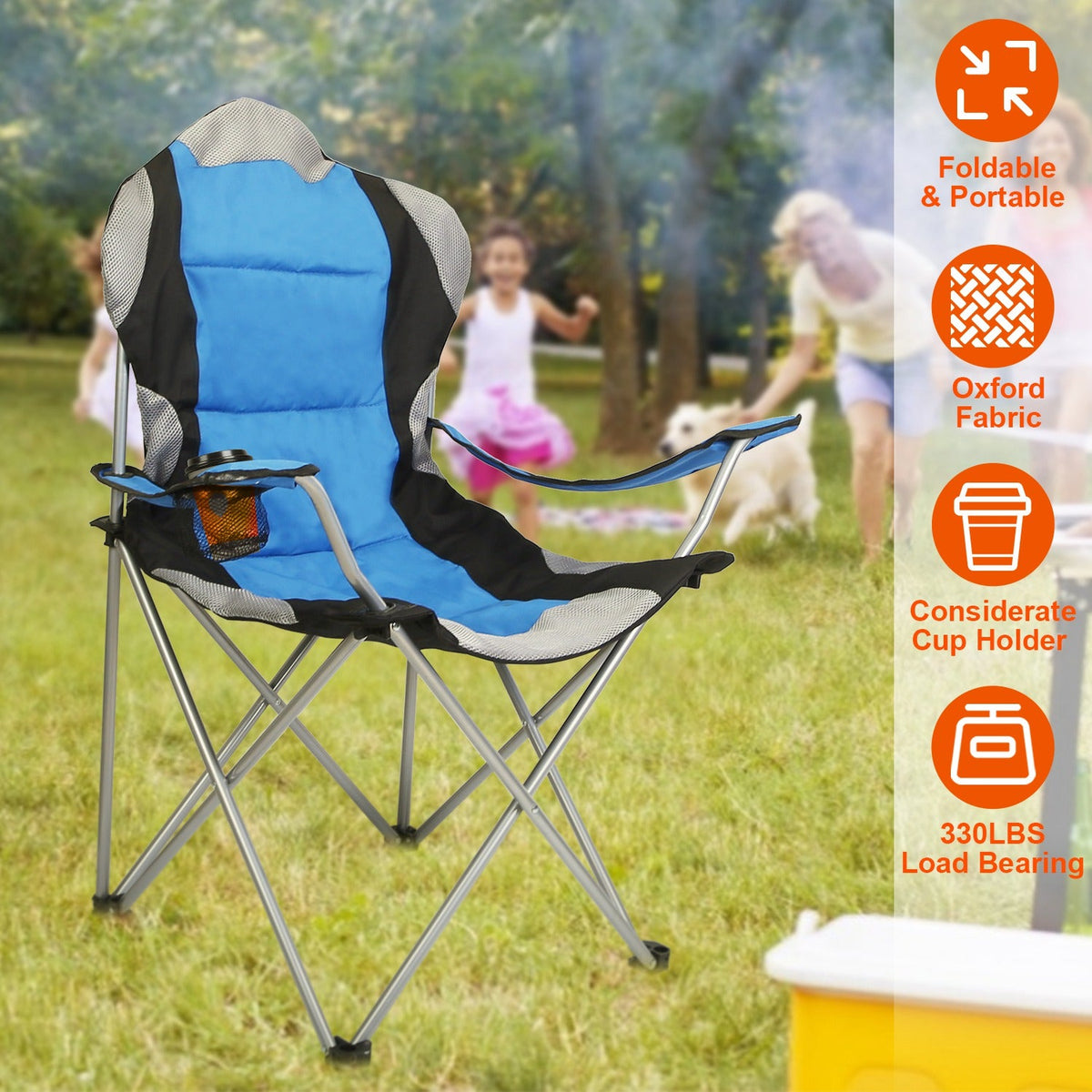 Foldable Camping Chair Heavy Duty Steel Lawn Chair Padded Seat Arm Back Beach Chair 330LBS Max Load with Cup Holder Carry Bag